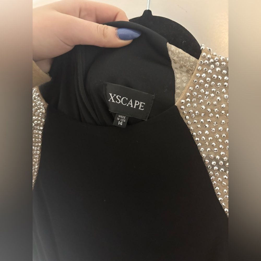 Xscape Black Gown with Beaded Champagne Sleeves - Picture 6 of 7
